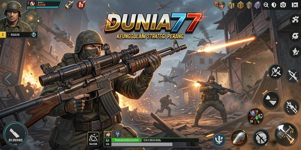 Screenshot menunjukkan pertempuran strategis di DUNIA77.