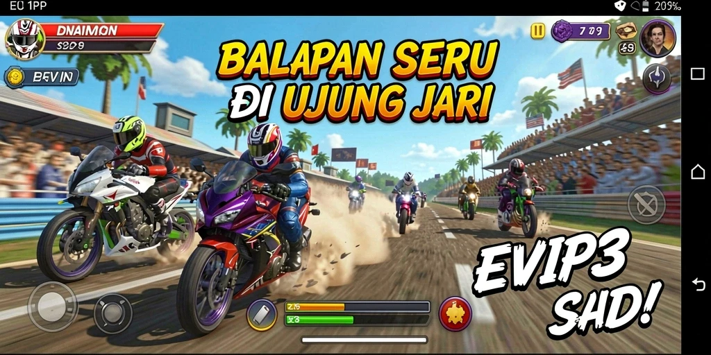 Screenshot utama EVIP3 menampilkan aksi balapan yang menegangkan.