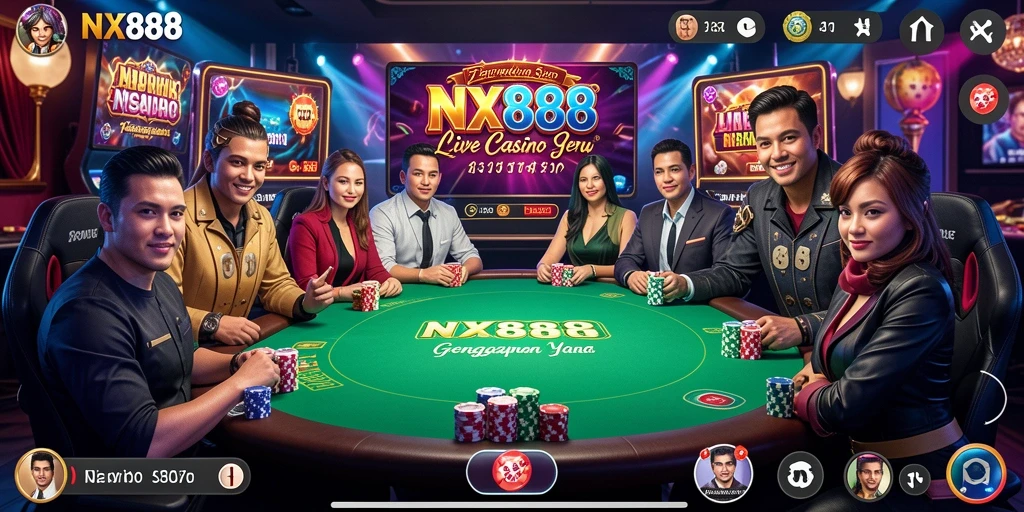 Screenshot gameplay NX888 menampilkan dealer langsung dan suasana kasino yang menegangkan.