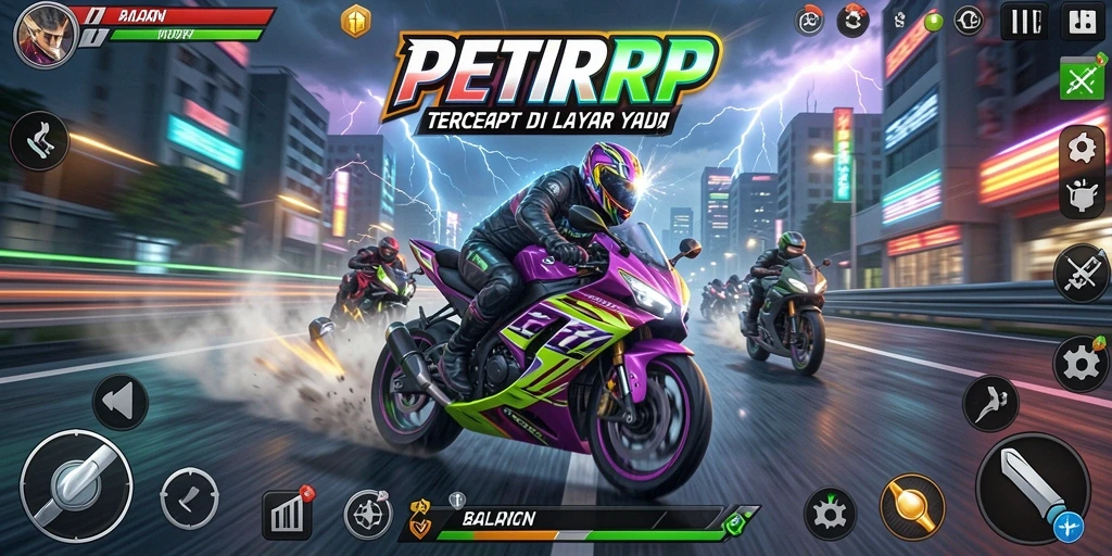 Screenshot gameplay PETIRRP yang menampilkan aksi balapan motor yang cepat.
