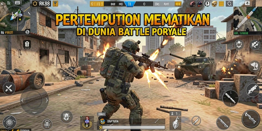 Screenshot gameplay RK88 menampilkan pertempuran intens di pulau Battle Royale.