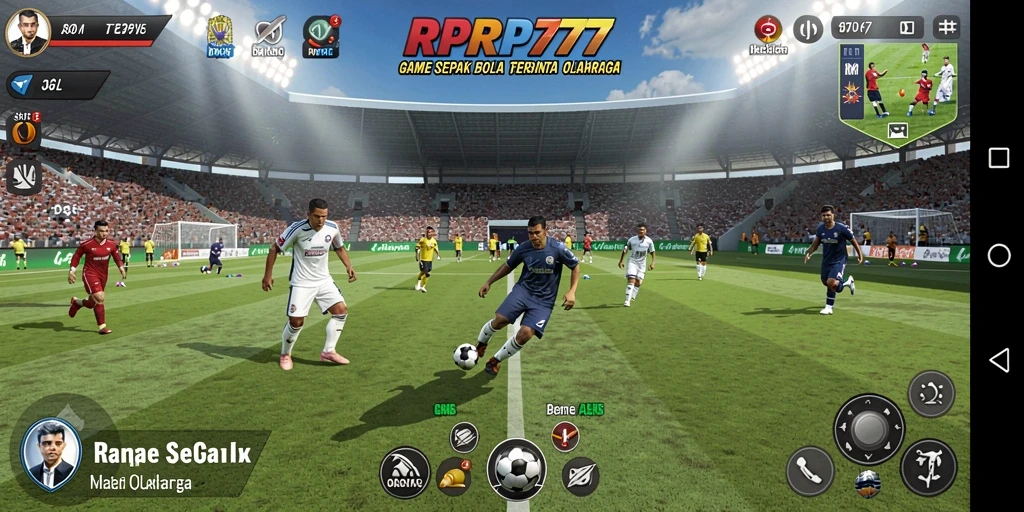 Screenshot gameplay RPRP777 menampilkan aksi seru di lapangan sepak bola.