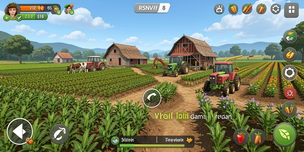Tampilan gameplay RSNVIP8 dengan lahan pertanian yang subur dan kegiatan bertani.