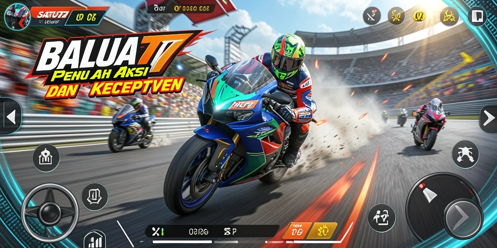 Screenshot SATU77 menampilkan aksi seru balapan motor di trek yang menantang.