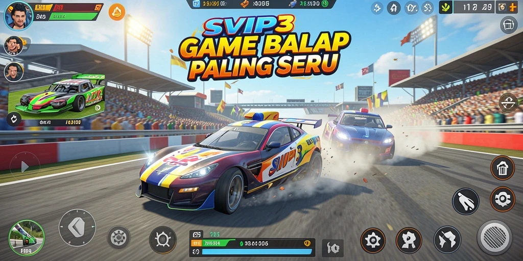 Tampilan menarik dari gameplay balap SVIP3 dengan berbagai kendaraan.
