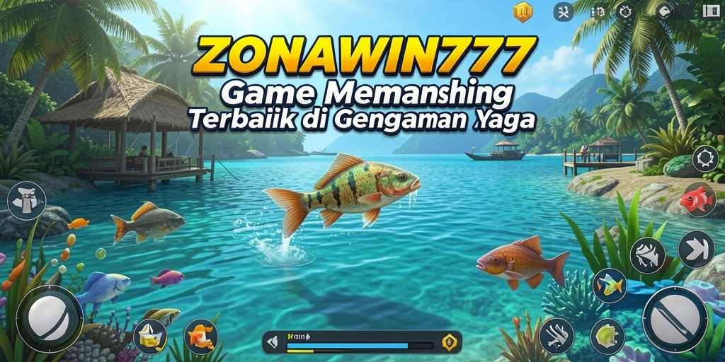 Screenshot gameplay ZONAWIN777 menampilkan aksi memancing yang seru di lautan.